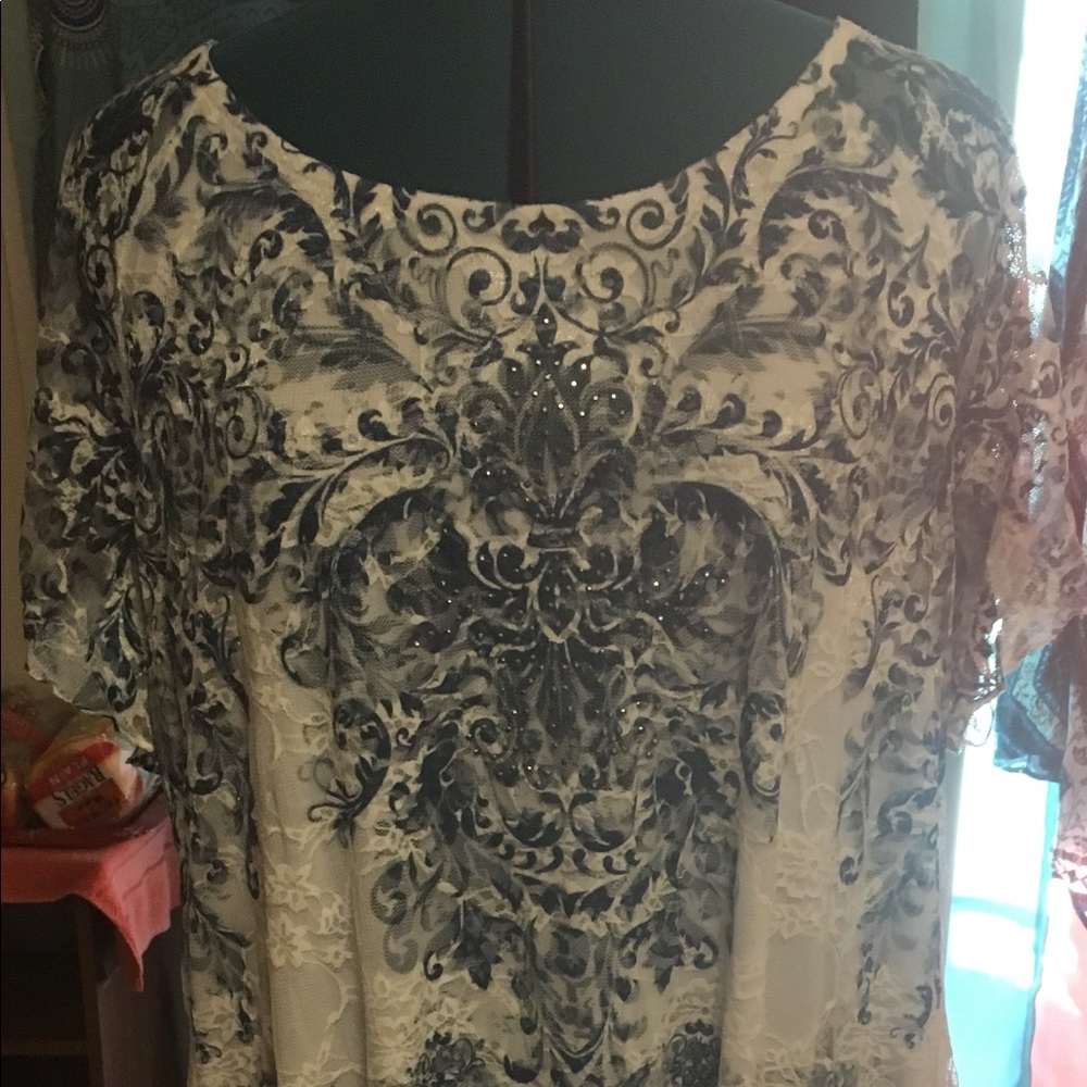 Lacy cap sleeve blouse w/ blue/white lace overlay
